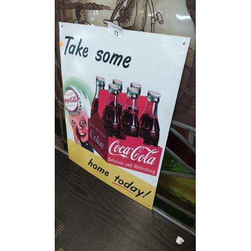 71 - Rectangular enamel advertising sign for Coca-Cola, printed with Sprite Boy, six-pack bottles and slo... 