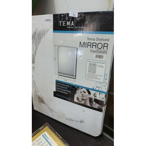 72 - Boxed Tema shelved wall mirror, model TEM5040RS, 50 cm x 40 cm, with tempered glass shelf and concea... 
