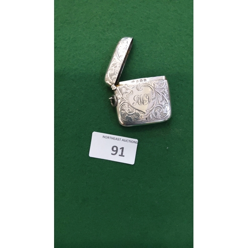 91 - Edwardian sterling silver vesta case, Birmingham 1905, rectangular with rounded corners, foliate eng... 