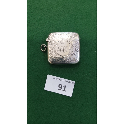 91 - Edwardian sterling silver vesta case, Birmingham 1905, rectangular with rounded corners, foliate eng... 