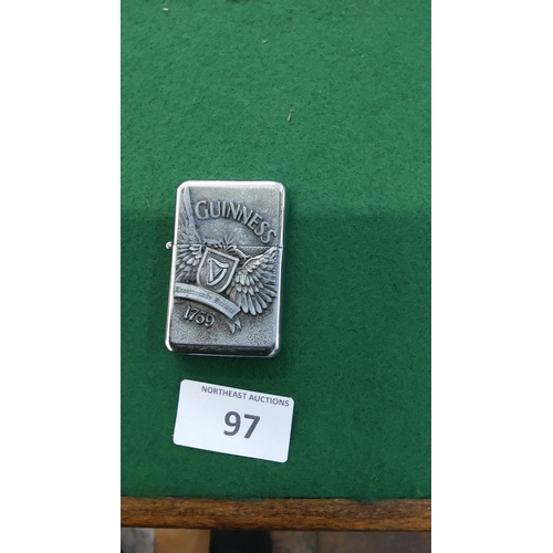 97 - Chrome-plated petrol lighter, Zippo-style, front mounted with pewter relief “Guinness 1759” winged h... 