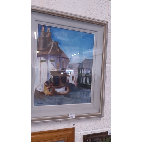 Framed oil painting of a village street with ‘Wine Bar’ frontage