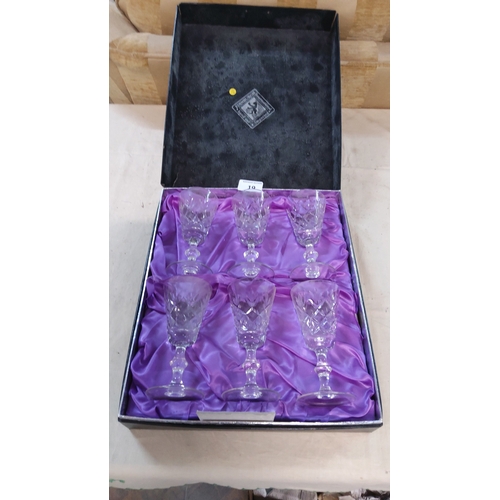 19 - Set of 6 hand-cut crystal cordial glasses by Edinburgh International, diamond-cut bowls on waisted k... 