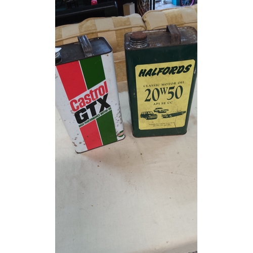 20 - Pair of rectangular metal motor-oil cans comprising Castrol GTX High Performance and Halfords Classi... 