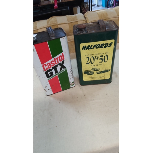 20 - Pair of rectangular metal motor-oil cans comprising Castrol GTX High Performance and Halfords Classi... 
