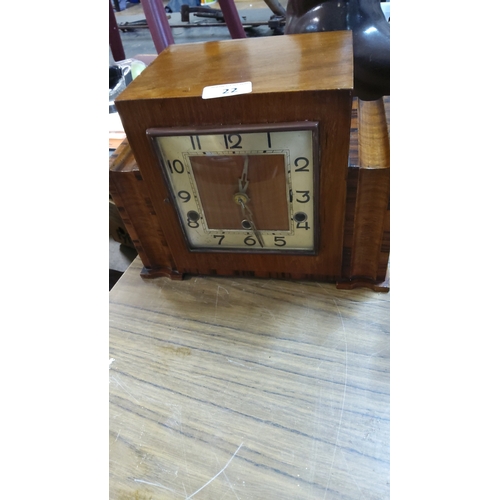 22 - Art Deco Westminster chime wooden mantel clock with square cream dial, Arabic numerals, geometric ha... 