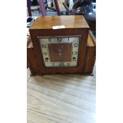 22 - Art Deco Westminster chime wooden mantel clock with square cream dial, Arabic numerals, geometric ha... 