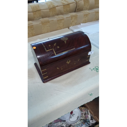4 - Rectangular dome-topped wooden jewellery box, brass foliate and geometric inlay, hinged lid, red-lin... 