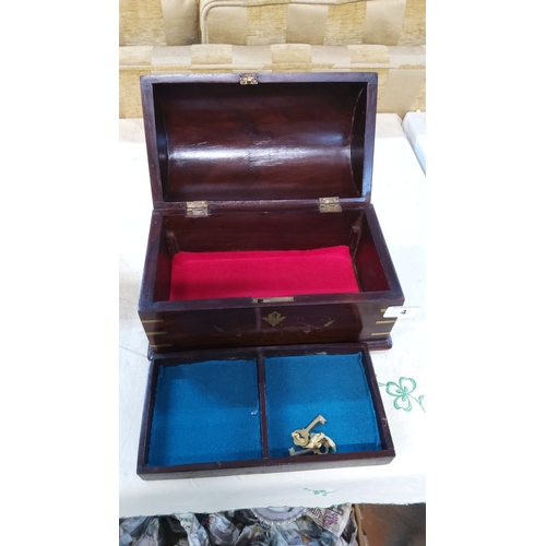 4 - Rectangular dome-topped wooden jewellery box, brass foliate and geometric inlay, hinged lid, red-lin... 