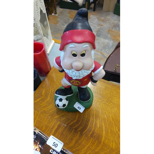 49 - Hand-painted resin garden gnome ornament in Manchester United football kit, standing with a soccer b... 