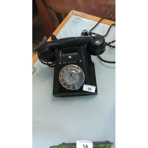 56 - Bakelite rotary dial telephone, model 232-style, with “CALL EXCHANGE” label, braided cloth handset c... 
