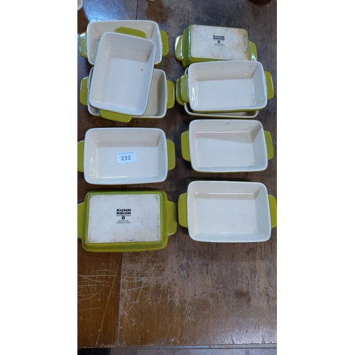 232 - Set of 10 Kuhn Rikon rectangular ceramic gratin dishes, chartreuse-glazed exteriors, white interiors... 