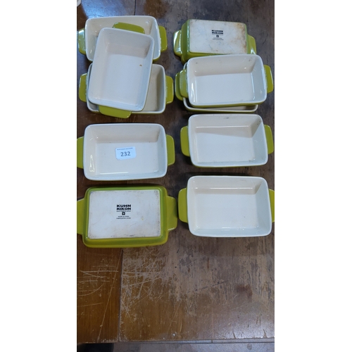 232 - Set of 10 Kuhn Rikon rectangular ceramic gratin dishes, chartreuse-glazed exteriors, white interiors... 