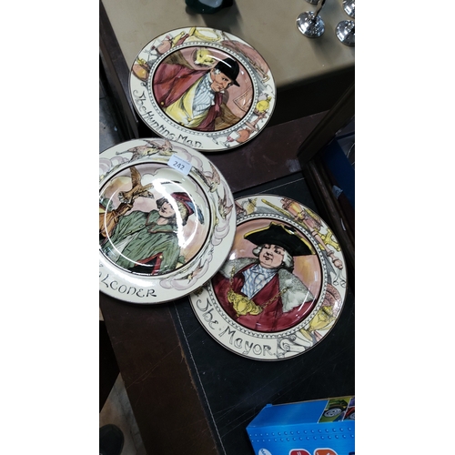 242 - Set of 3 English earthenware character plates, titled ‘The Hunting Man’, ‘Falconer’ and ‘The Mayor’,... 