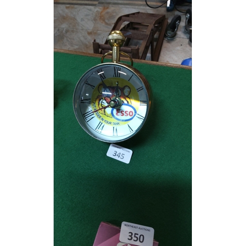 345 - Brass-case pocket-watch style desk clock with Roman dial bearing Esso “Put a Tiger in Your Tank” tig... 