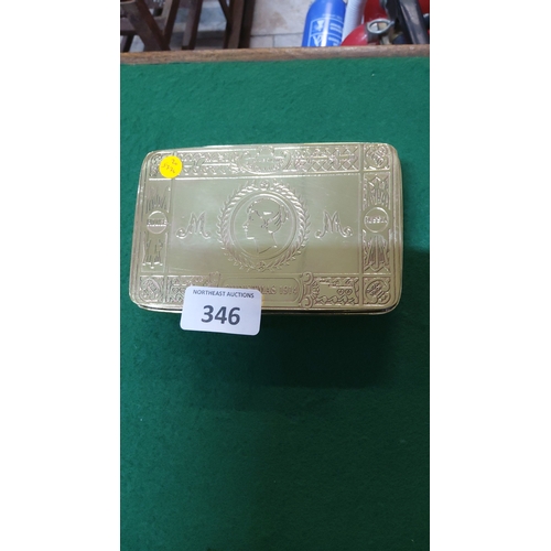 346 - WWI Princess Mary brass Christmas 1914 gift tin, embossed with royal profile, laurel wreath and alli... 