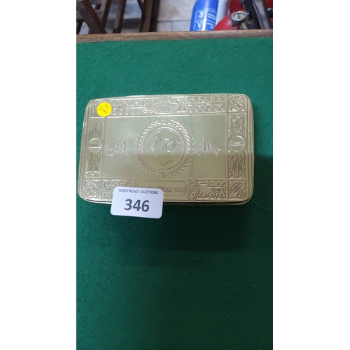 346 - WWI Princess Mary brass Christmas 1914 gift tin, embossed with royal profile, laurel wreath and alli... 