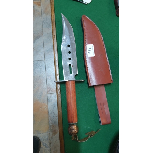 353 - Large fixed-blade bowie-style hunting knife, steel clip-point blade pierced with vents, cylindrical ... 