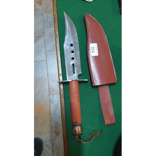353 - Large fixed-blade bowie-style hunting knife, steel clip-point blade pierced with vents, cylindrical ... 