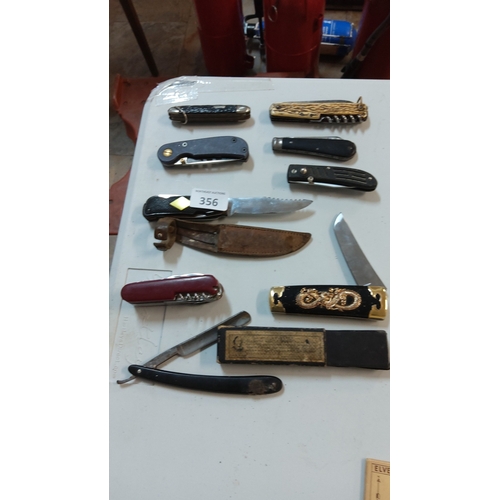 356 - Collection of assorted knives comprising folding pocket knives, multitools, a fixed-blade sheath kni... 