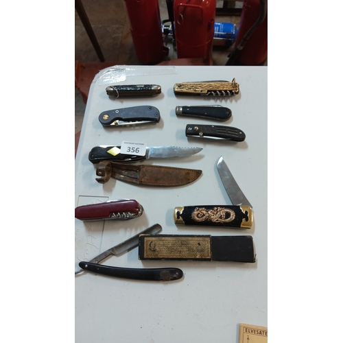 356 - Collection of assorted knives comprising folding pocket knives, multitools, a fixed-blade sheath kni... 