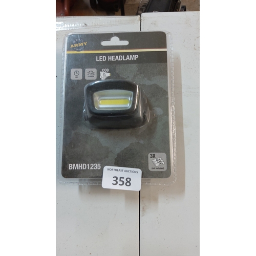 358 - Surplus Army BMHD1235 LED headlamp with COB strip, c.120-lumen output, requires 3×AAA batteries (not... 