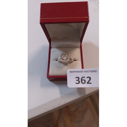 362 - Sterling silver signet ring bearing the Manchester United club crest, in original red fitted present... 