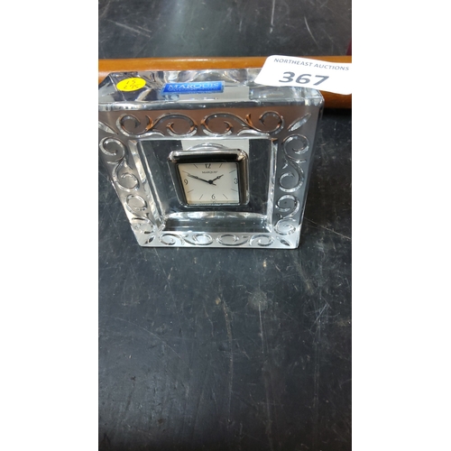 367 - Marquis by Waterford clear crystal desk clock, square form with scroll-etched border and inset quart... 