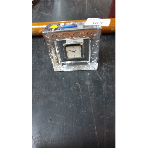 367 - Marquis by Waterford clear crystal desk clock, square form with scroll-etched border and inset quart... 
