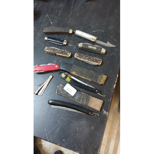 370 - Group of vintage folding pocket knives of various patterns, multitool gauge, and two straight razors... 