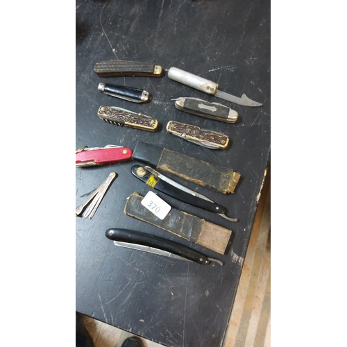 370 - Group of vintage folding pocket knives of various patterns, multitool gauge, and two straight razors... 