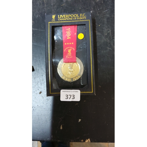 373 - Boxed Liverpool F.C. gilt-metal commemorative medal with red ribbon, inscribed “European Cup Final, ... 