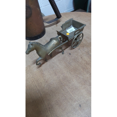 377 - Cast brass model of a trotting horse draughting a two–wheeled cart, naturalistically detailed, early... 