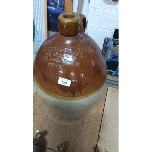 379 - Salt-glazed two-tone stoneware flagon with tubular spout, capacity mark “4,” impressed “HARRIS & BEA... 
