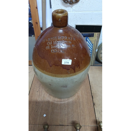 379 - Salt-glazed two-tone stoneware flagon with tubular spout, capacity mark “4,” impressed “HARRIS & BEA... 