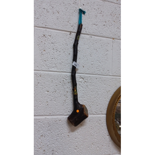 386 - Irish blackthorn shillelagh cudgel, dark barked branch with flat mallet-style head, applied painted ... 
