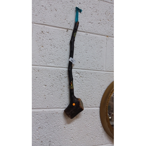 386 - Irish blackthorn shillelagh cudgel, dark barked branch with flat mallet-style head, applied painted ... 