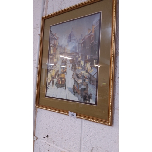 393 - Framed colour print depicting a Victorian London street with horse-drawn omnibuses and St Paul’s Cat... 