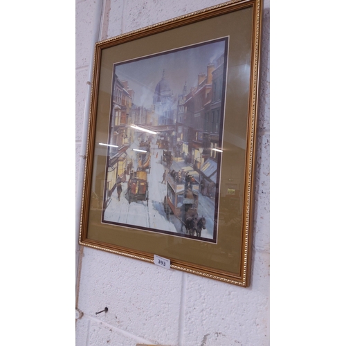 393 - Framed colour print depicting a Victorian London street with horse-drawn omnibuses and St Paul’s Cat... 