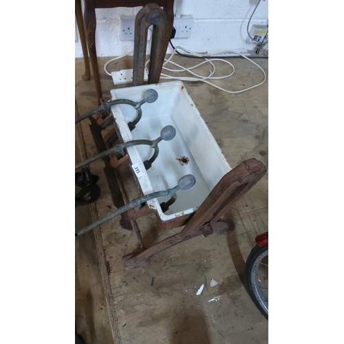 395 - Antique industrial porcelain sink with metal frame & specialised rods.(were common in factories & la... 