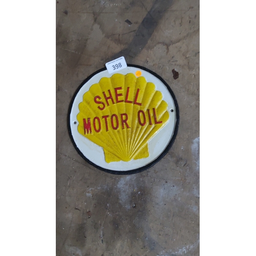 398 - Shell Motor Oil cast iron advertising round wall plaque with raised yellow scallop shell and red let... 