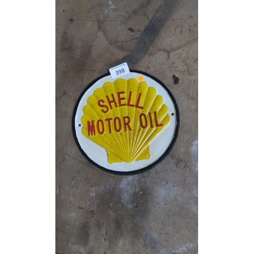 398 - Shell Motor Oil cast iron advertising round wall plaque with raised yellow scallop shell and red let... 