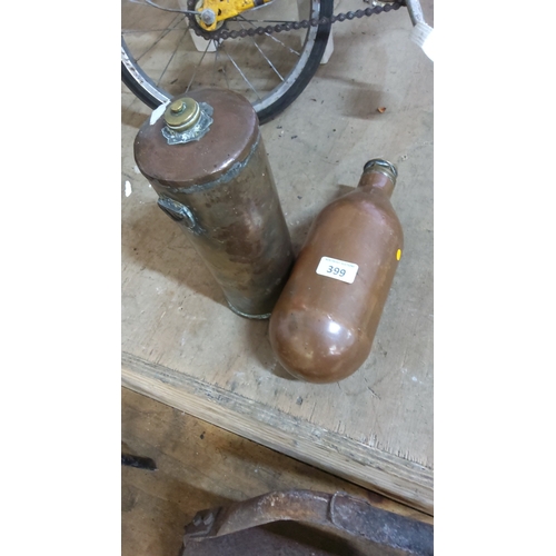 399 - Pair of vintage copper alloy containers: cylindrical flask with screw cap and lug handle, together w... 