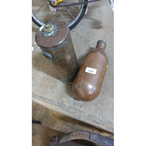 399 - Pair of vintage copper alloy containers: cylindrical flask with screw cap and lug handle, together w... 