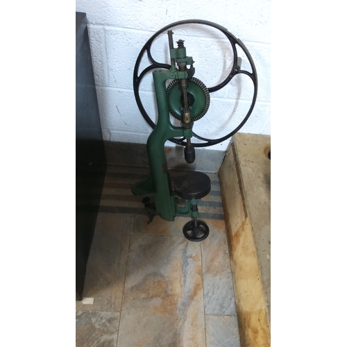401 - Antique restored cast-iron hand-cranked pillar drill press with large flywheel gear and adjustable t... 