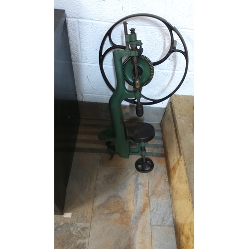 401 - Antique restored cast-iron hand-cranked pillar drill press with large flywheel gear and adjustable t... 