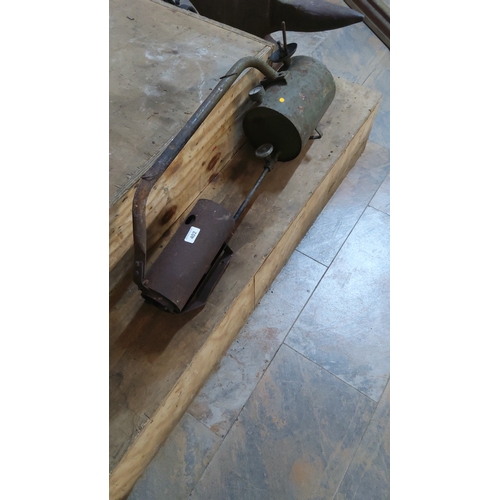 402 - Vintage paraffin weed-burner flame gun with cylindrical fuel tank, pressure gauge, and long iron bur... 
