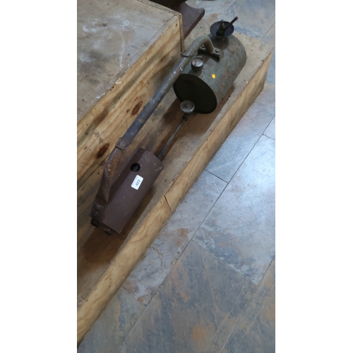 402 - Vintage paraffin weed-burner flame gun with cylindrical fuel tank, pressure gauge, and long iron bur... 