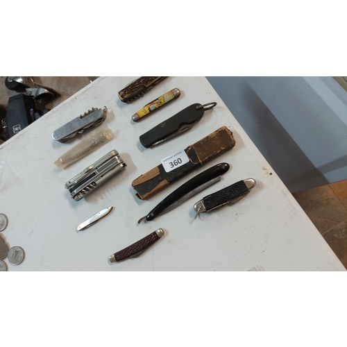 360 - Group of assorted vintage folding pocket knives, multitools and a straight razor, mixed handle mater... 