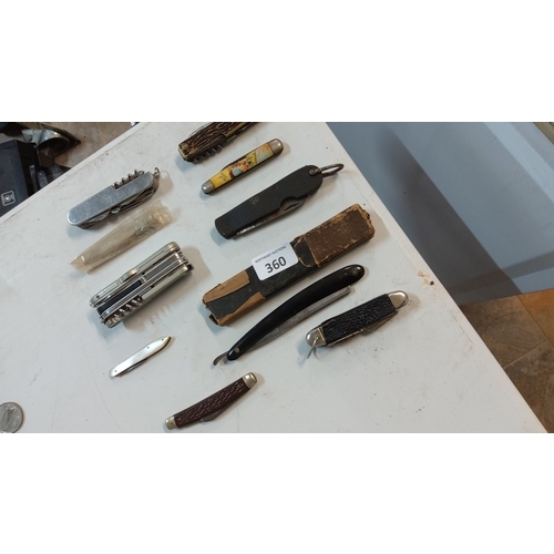 360 - Group of assorted vintage folding pocket knives, multitools and a straight razor, mixed handle mater... 